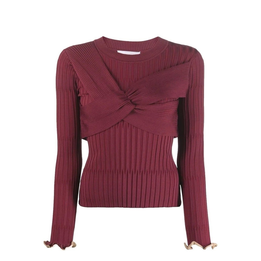Jonathan Simkhai Rib Knit Twist-Front Sweater in Burgundy
